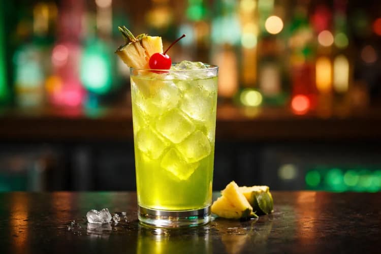 A Pearl Harbor in a highball glass with green liquid and a pineapple wedge.