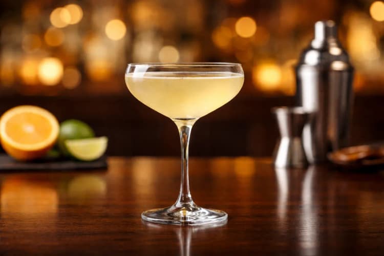 A Pegu Club served up in a coupe with orange twist.