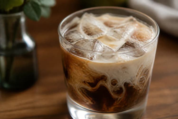 Peppermint White Russian in a rocks glass over ice, layered cream over coffee-brown.