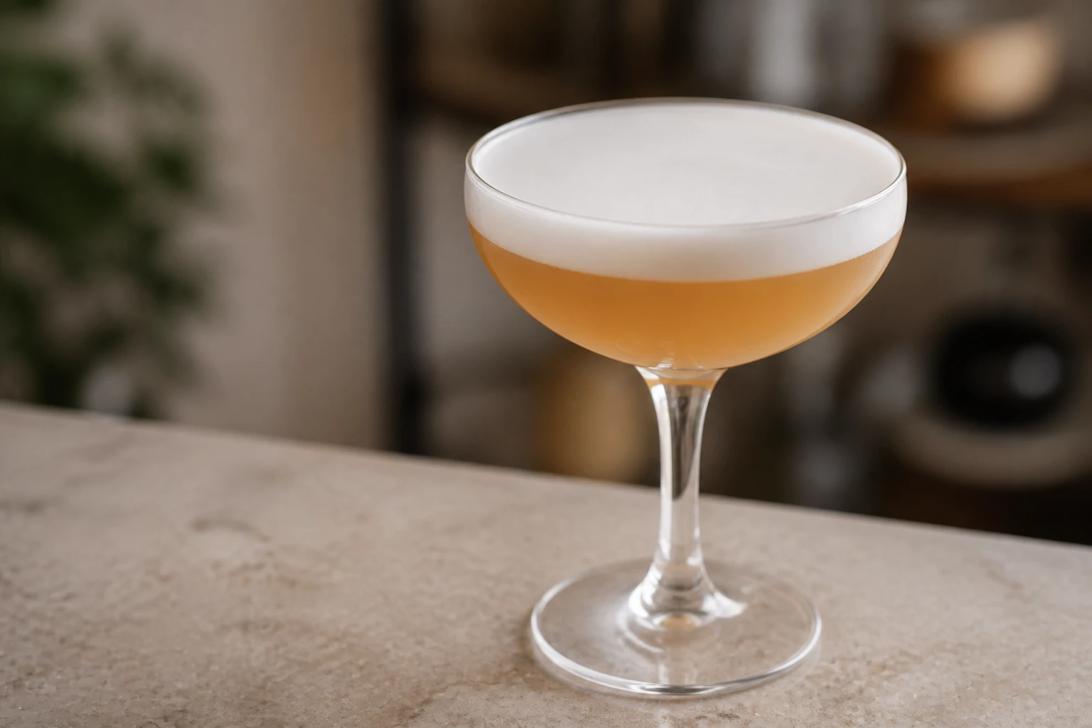 Phantom Sour in a coupe, pale egg-white foam over a smoky amber mezcal sour, ungarnished.