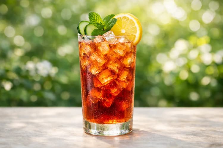 A tall Pimm’s Cup packed with ice, cucumber slices, and citrus.
