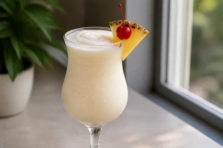 A Piña Colada in a hurricane glass with a pineapple wedge and cherry.