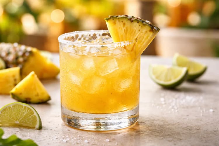 A Pineapple Margarita in a rocks glass with fresh pineapple garnish.
