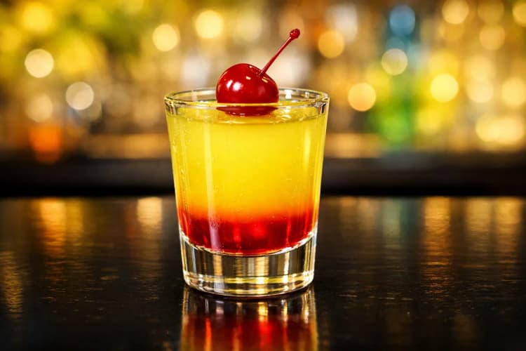 A yellow pineapple shot with a red grenadine layer at the bottom.
