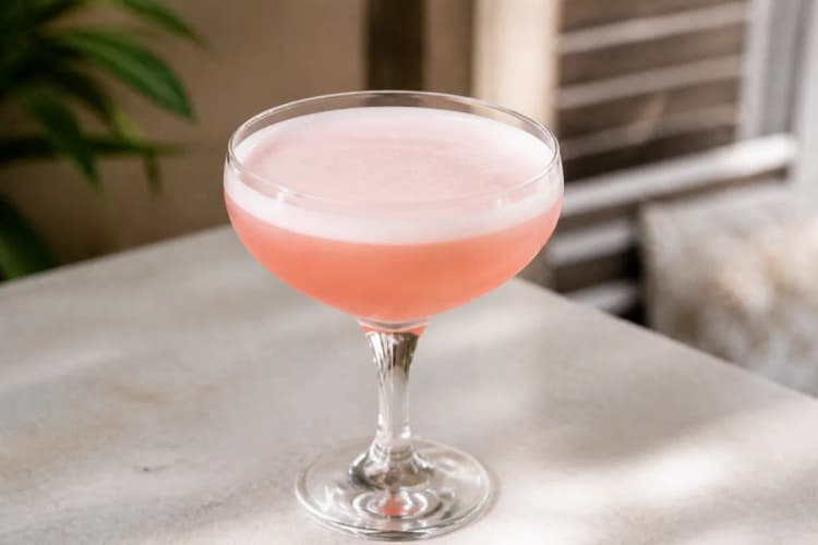 Pink Lady served in a chilled coupe, pale pink with foam, no heavy garnish.