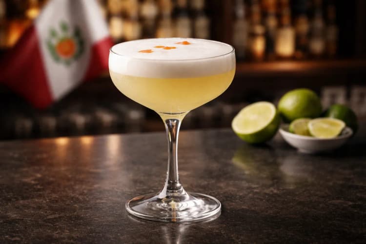 Pisco Sour served in a chilled coupe with a dense white foam and Angostura dots.