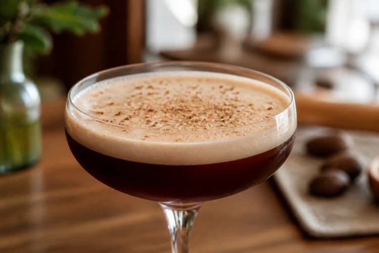 Porto Flip served in a chilled coupe, deep red-brown with foam, dusted with nutmeg.