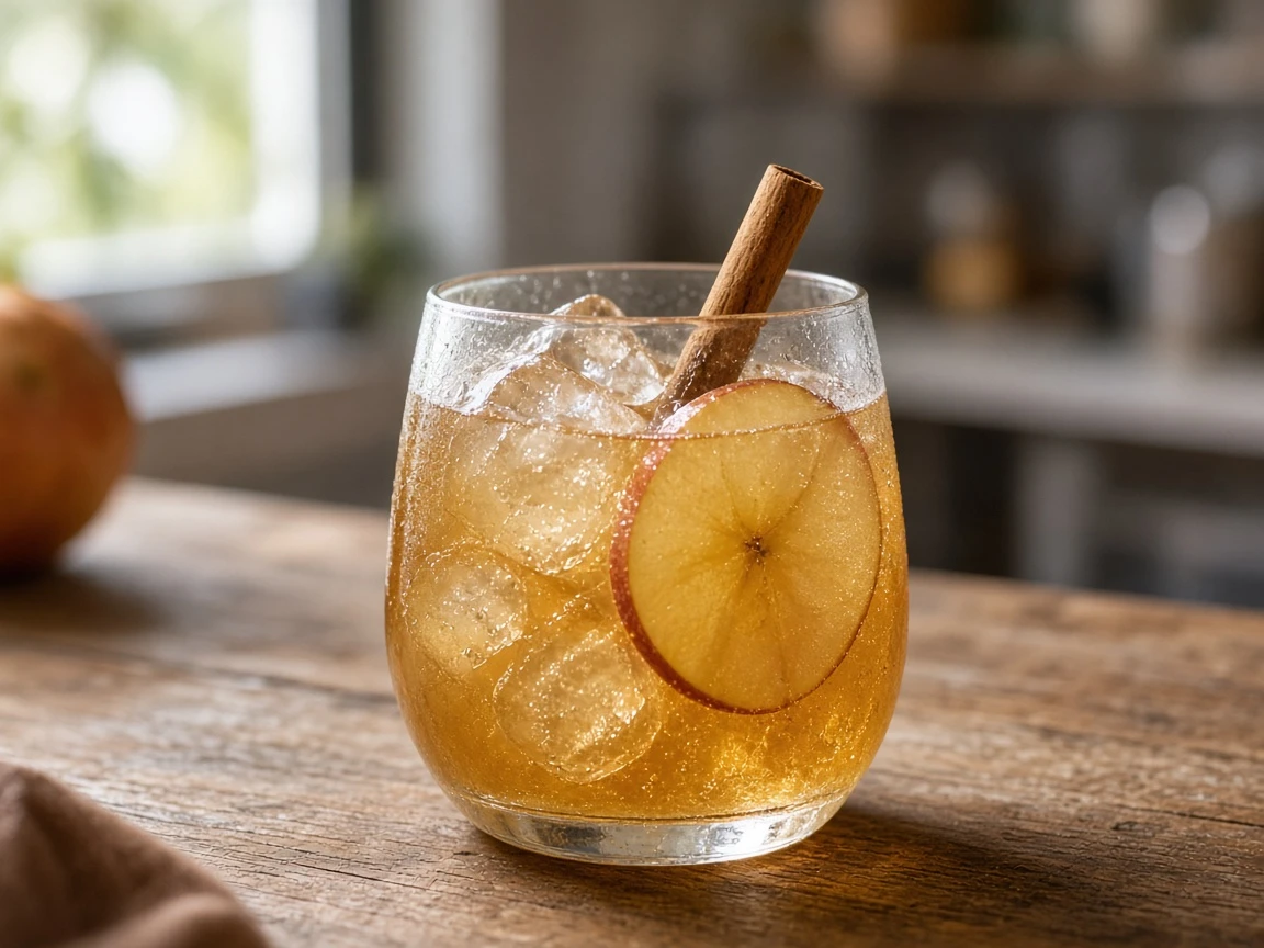 Pumpkin Cider Punch in a punch cup over ice, golden amber, apple slice and cinnamon stick.