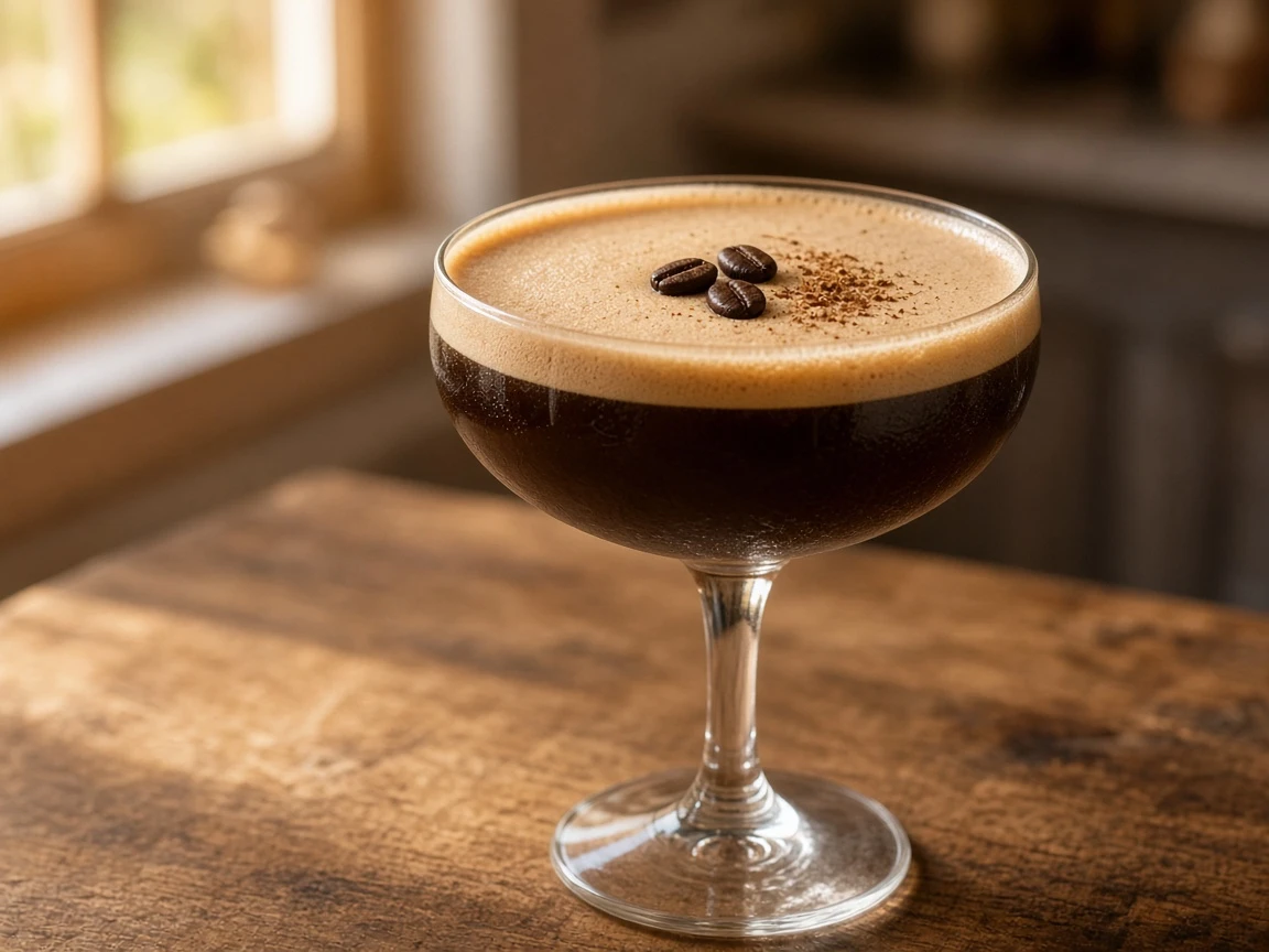 Pumpkin Pie Espresso Martini in a coupe, dark coffee crema, three coffee beans, light spice dusting.