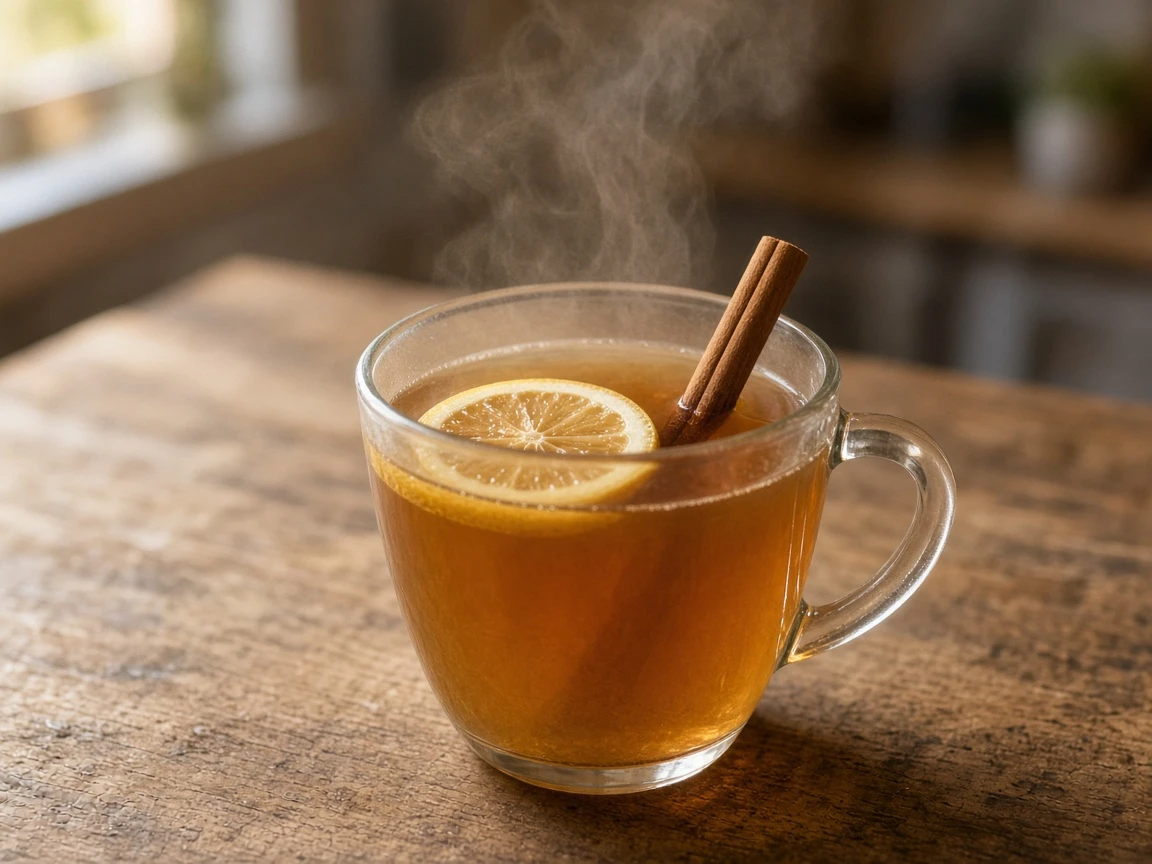 Pumpkin Hot Toddy in a mug, amber, lemon wheel and cinnamon stick, faint steam.