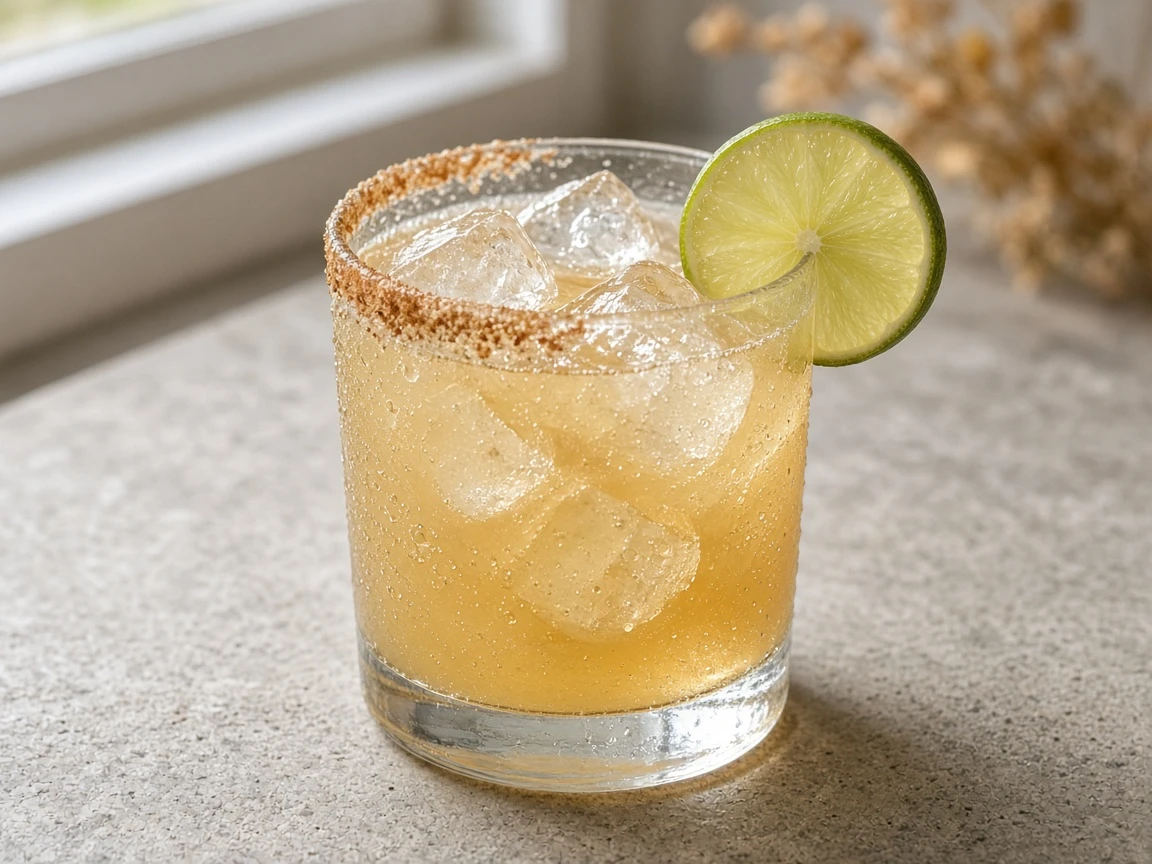 Pumpkin Margarita in a rocks glass over ice, pale gold-orange, lime wheel, cinnamon-sugar half rim.