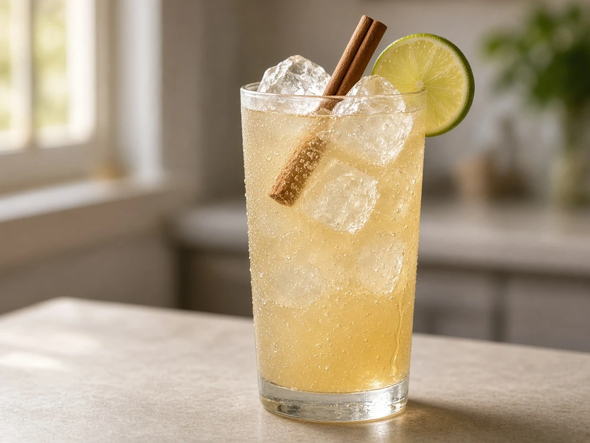 Pumpkin Mule in a highball over ice, pale gold ginger beer, lime wheel and cinnamon stick.