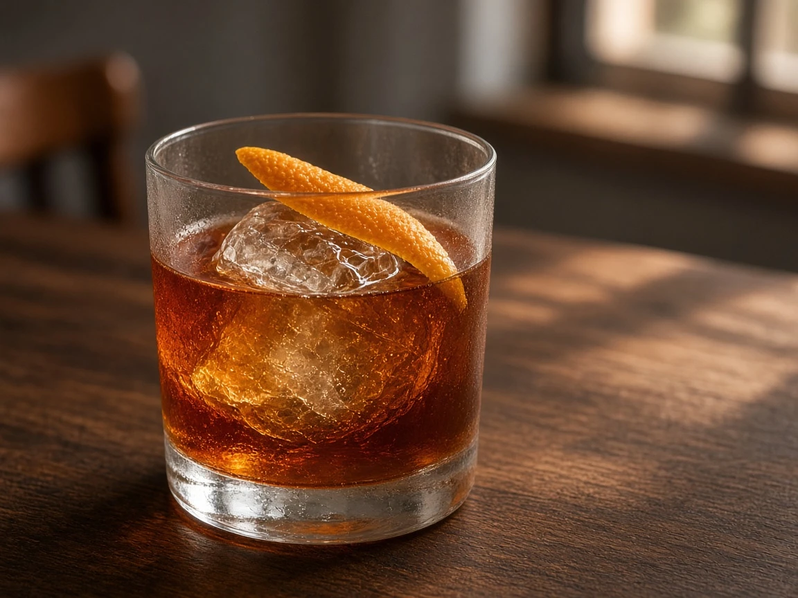 Pumpkin Old Fashioned in a rocks glass over a large ice cube, deep amber, orange peel.