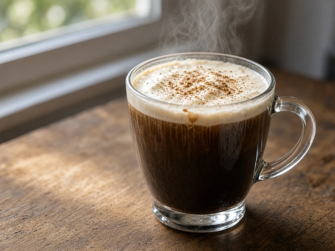 Pumpkin Pie Irish Coffee in a mug, dark coffee with a cream cap, nutmeg dusting, faint steam.