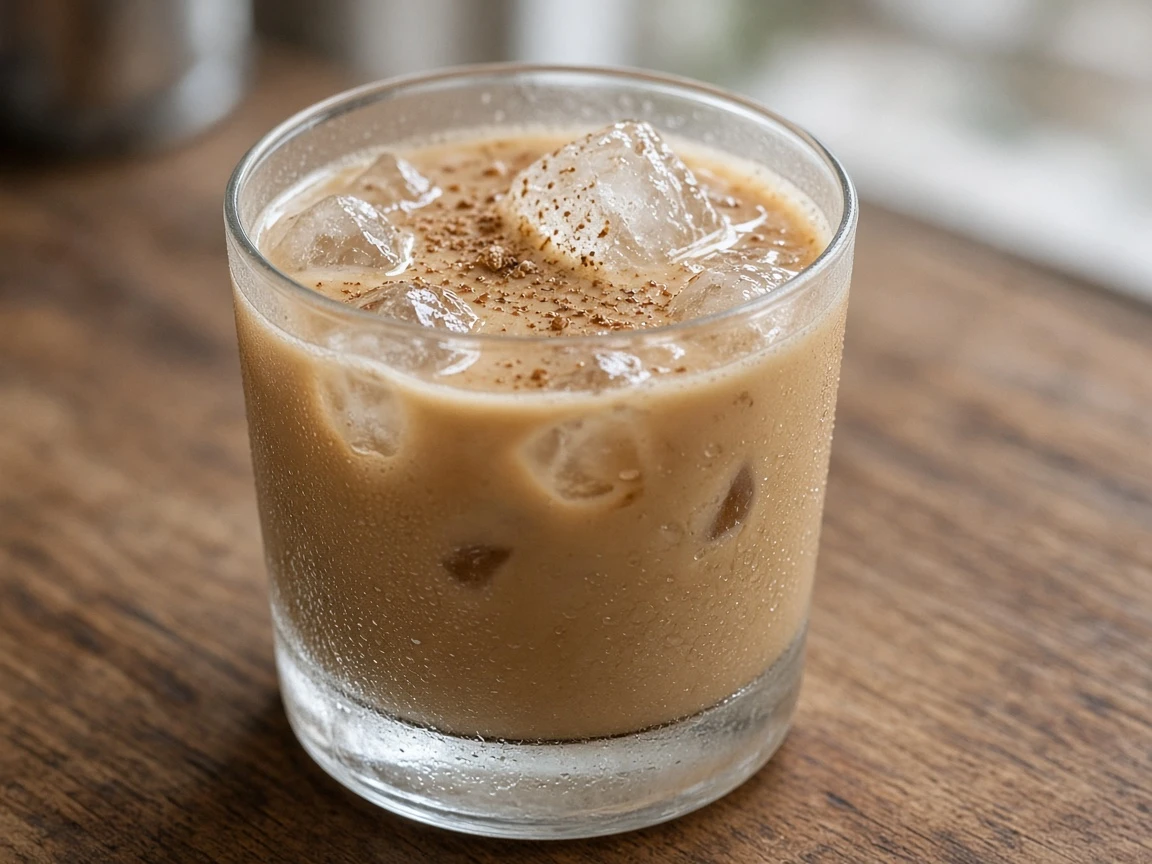 Pumpkin Pie Mudslide in a rocks glass over ice, creamy tan coffee, nutmeg dusting.