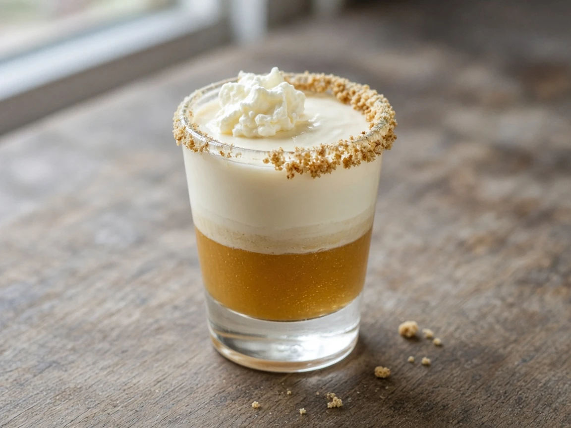 Pumpkin Pie Shot in a shot glass, layered cream over amber liqueur, graham rim, whipped cream.