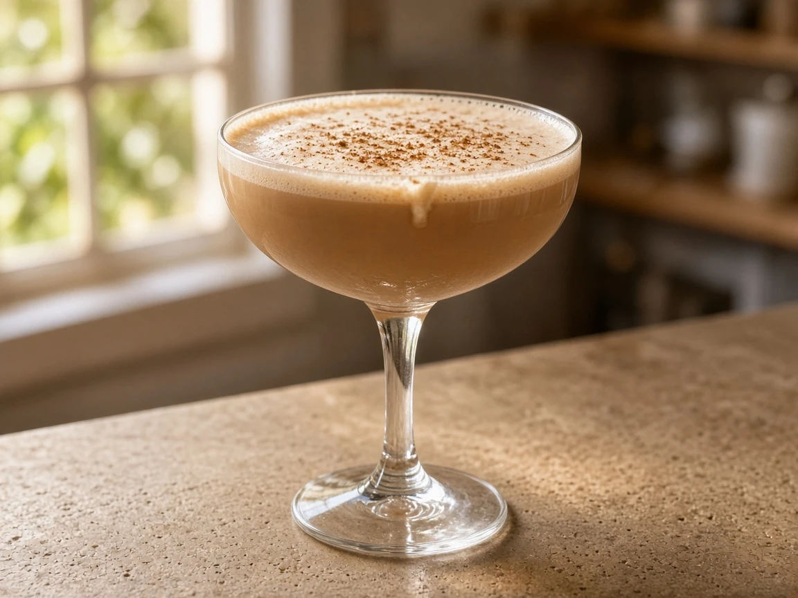 Pumpkin Spice Latte Cocktail in a coupe, creamy tan coffee, nutmeg dusting.