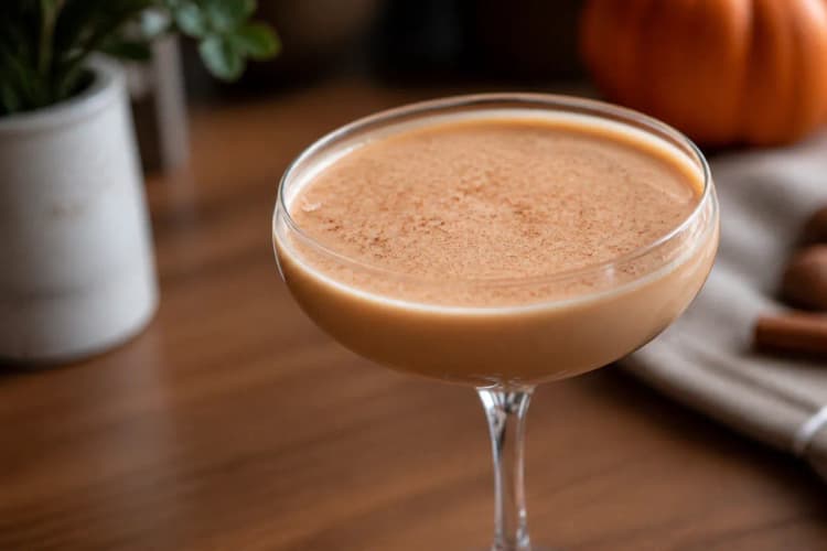 Pumpkin Spice Martini in a coupe, pale orange-tan, light spice dusting.
