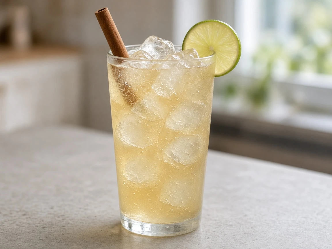 Pumpkin Spice Mule Mocktail in a highball over ice, pale gold, lime wheel and cinnamon stick.