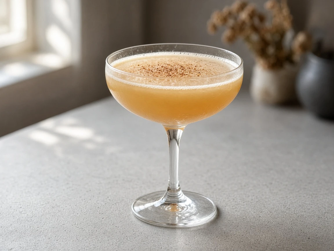 Pumpkin Whiskey Sour in a coupe, pale amber with a thin foam line and light nutmeg.