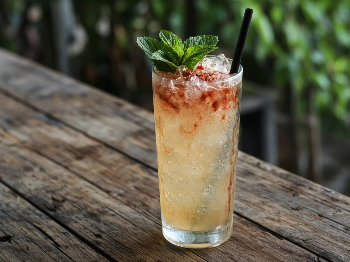 Queen's Park Swizzle in a tall highball with crushed ice, Angostura-stained top, and mint bouquet.
