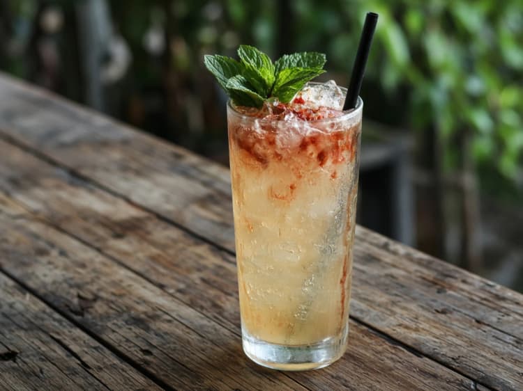 Queen's Park Swizzle in a tall highball with crushed ice, Angostura-stained top, and mint bouquet.