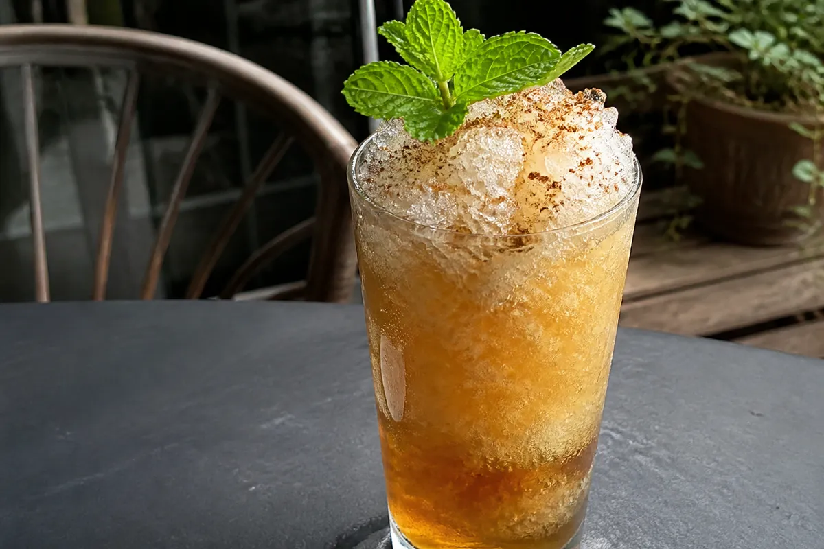 A Queen's Park Swizzle in a tall glass with a red bitters layer and mint bouquet.