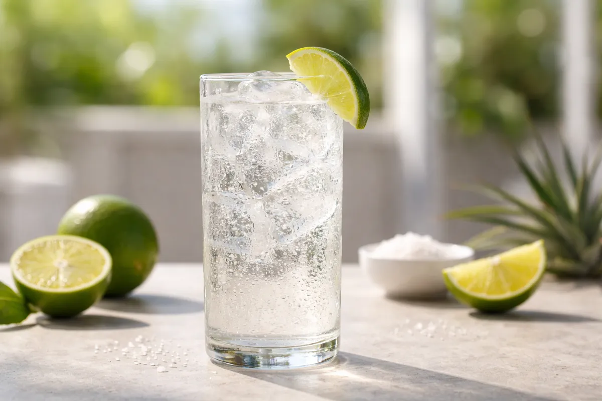 A tall Ranch Water with clear bubbles and a lime wedge.