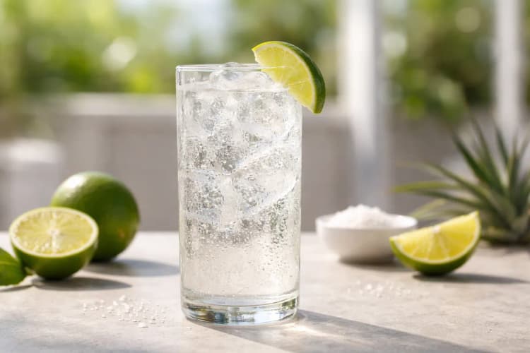 A tall Ranch Water with clear bubbles and a lime wedge.