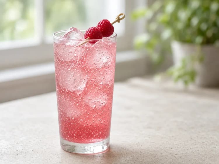 Raspberry Italian Soda in a highball over ice, pink-red translucent soda with fresh raspberries.