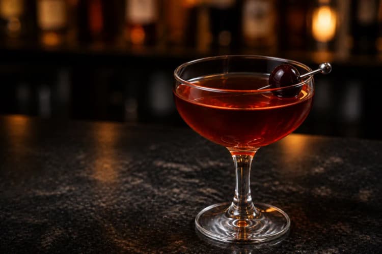 Remember the Maine served in a chilled coupe, deep red-amber in color, garnished with a cherry.
