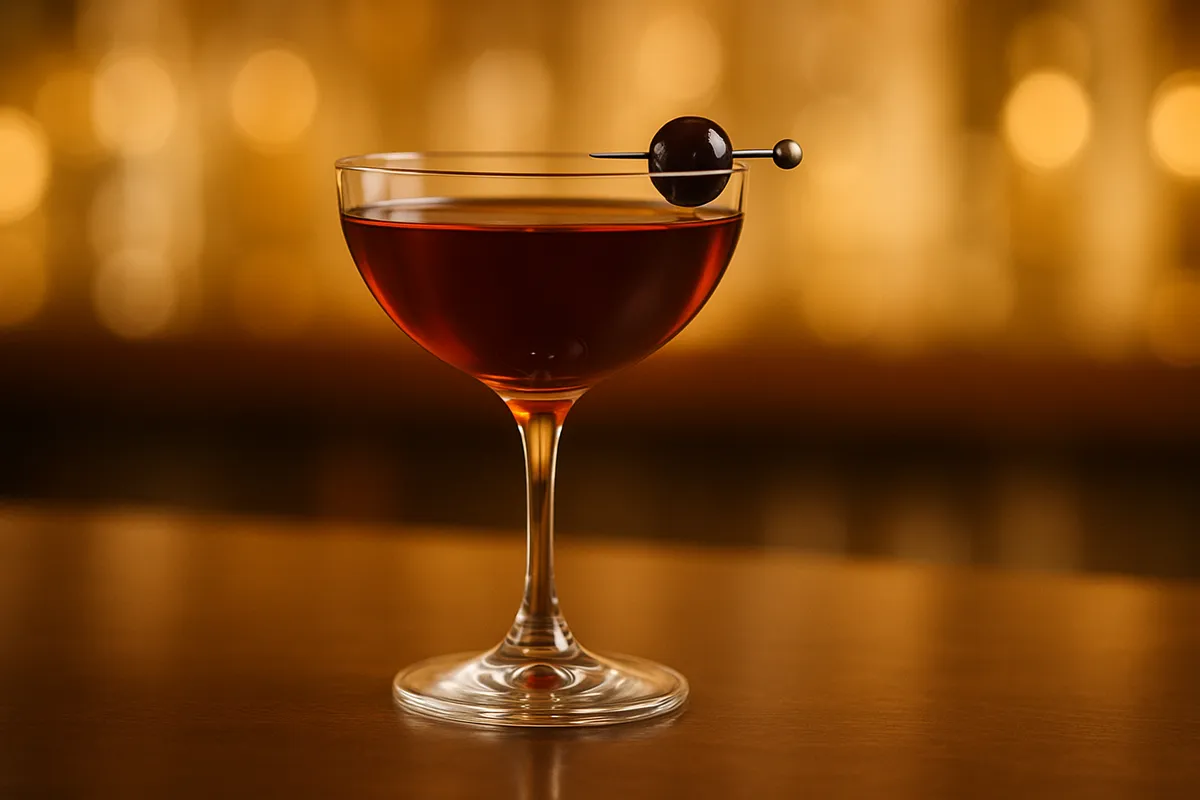 A Nick & Nora glass of Rob Roy with a deep ruby hue and a brandied cherry.