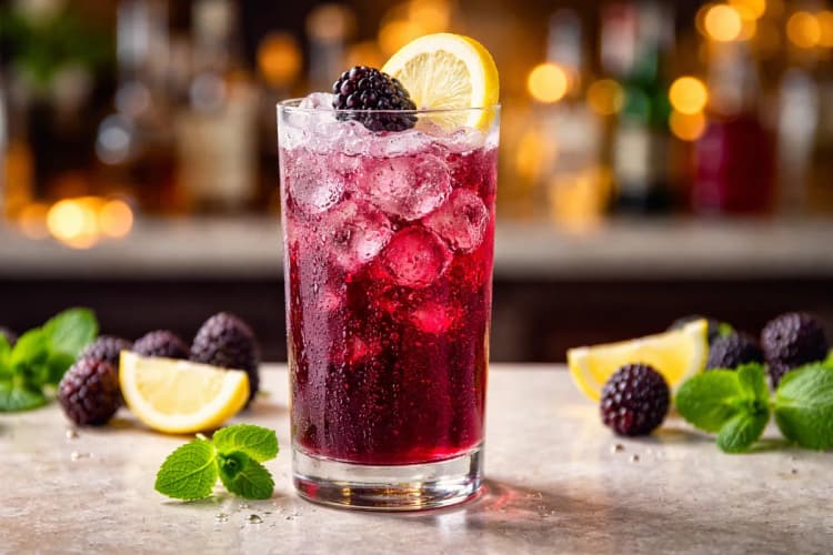 A tall Russian Spring Punch with a blackberry and lemon slice garnish.