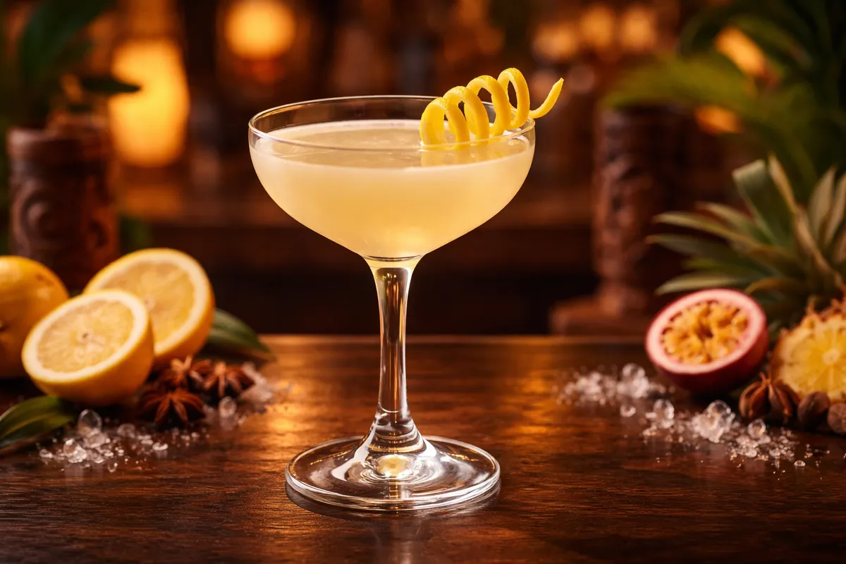 A Saturn cocktail in a coupe with citrus spiral garnish.