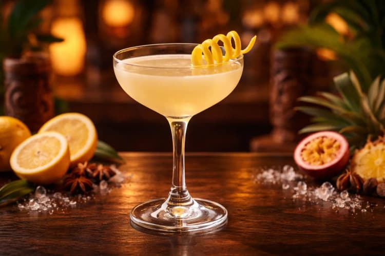 A Saturn cocktail in a coupe with citrus spiral garnish.