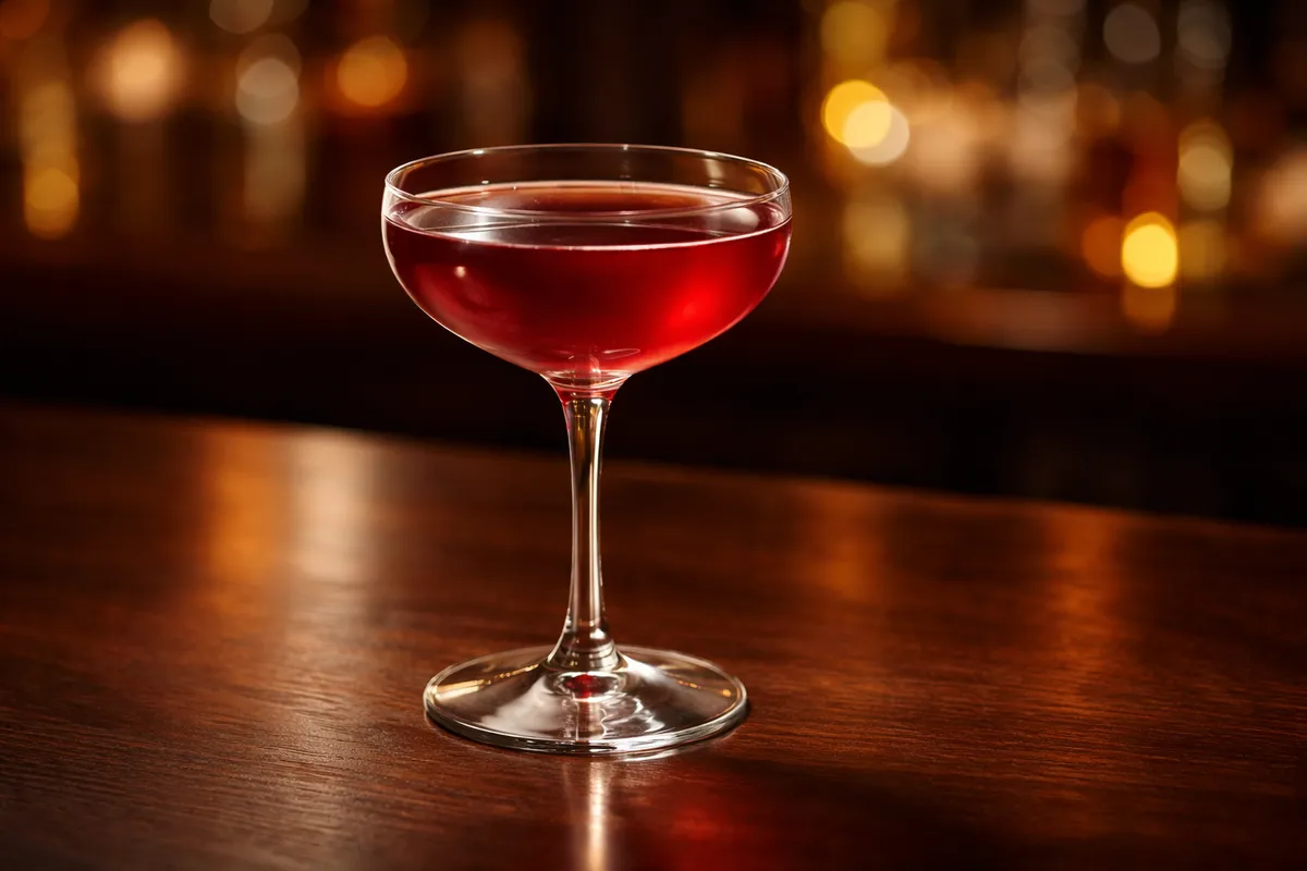 A coupe of Scofflaw with light pink‑gold color and lemon twist.