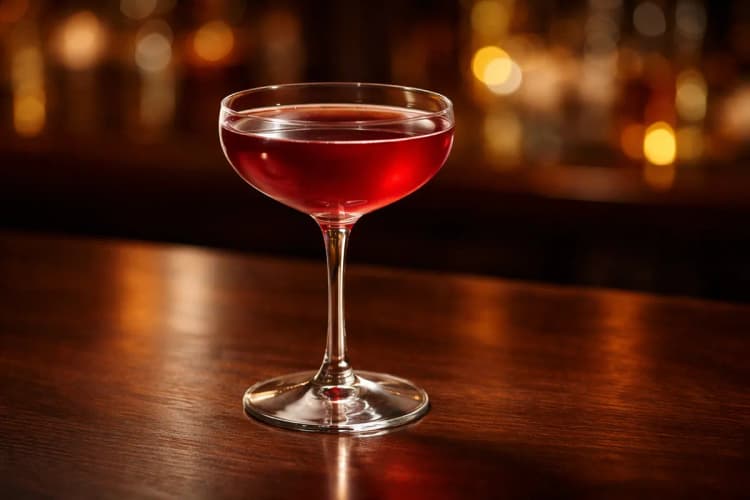 A coupe of Scofflaw with light pink‑gold color and lemon twist.