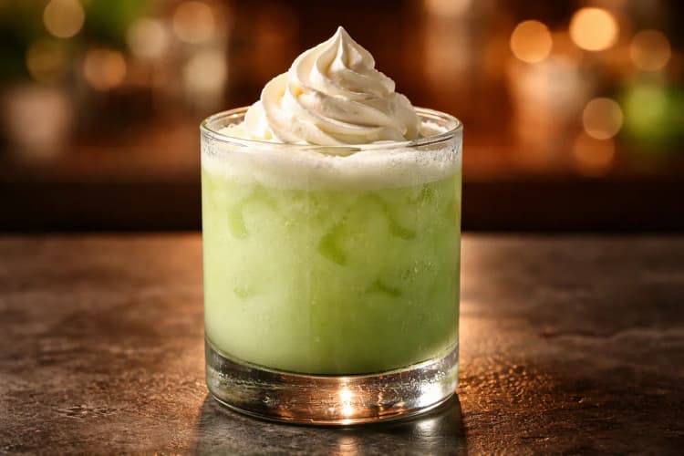 A Scooby Snack in a rocks glass with a frothy green foam.