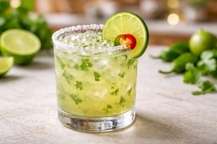 A Serrano-Cilantro Margarita in a rocks glass with visible spice elements and garnish.
