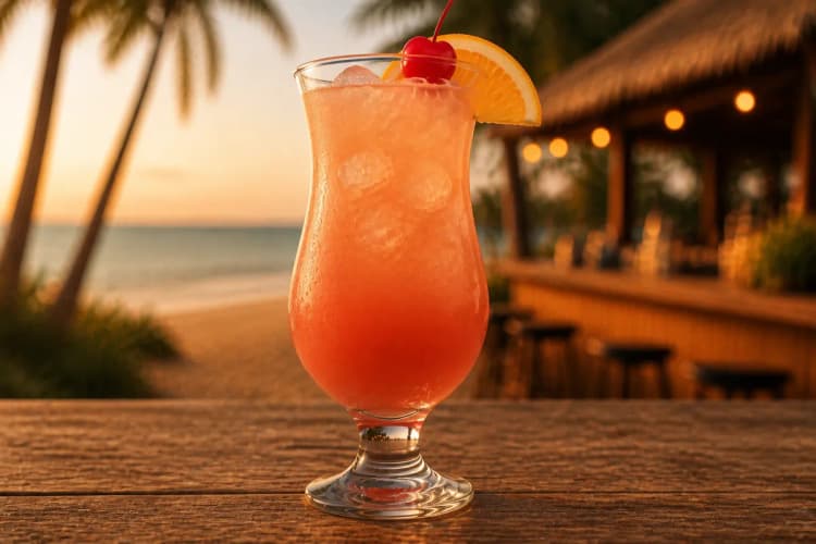 A Sex on the Beach in a hurricane glass with orange wedge and cherry.