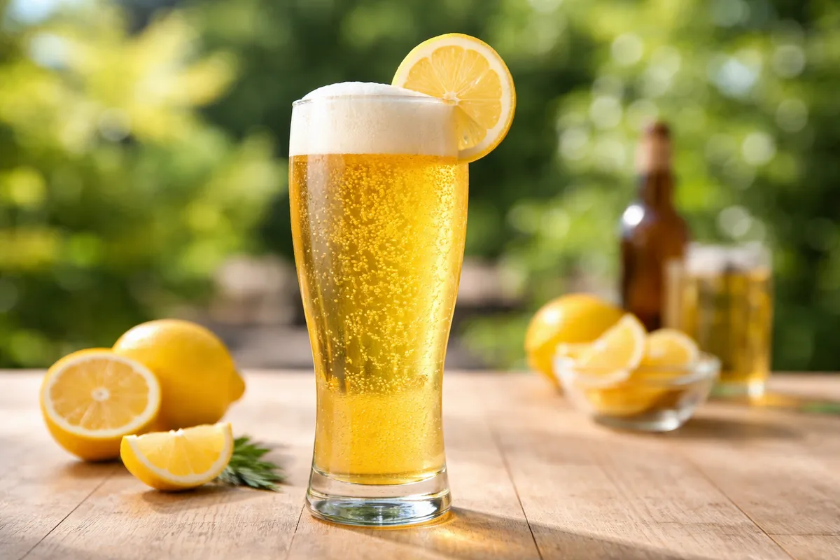 A tall Shandy with golden beer color and a lemon wheel.