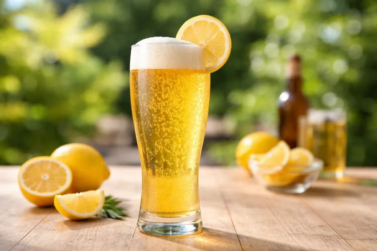 A tall Shandy with golden beer color and a lemon wheel.