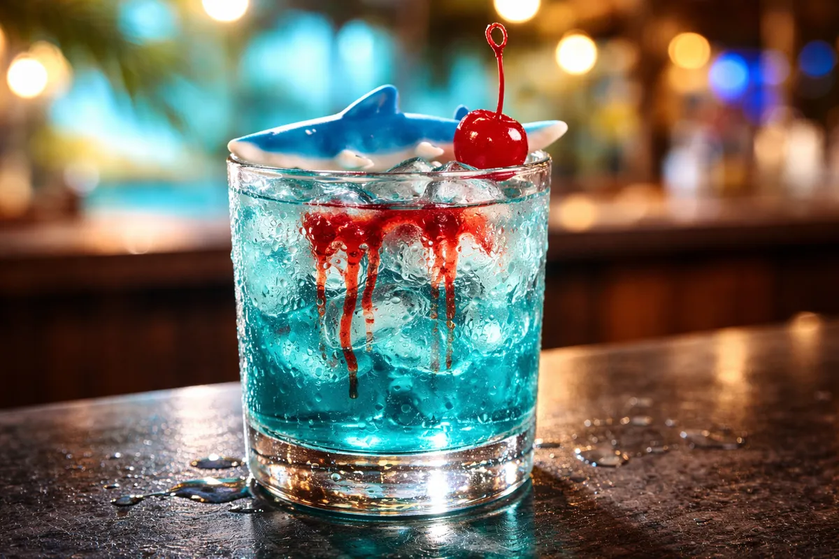 A bright blue Shark Bite with red grenadine streaks sinking from the top.