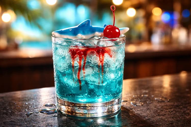 A bright blue Shark Bite with red grenadine streaks sinking from the top.