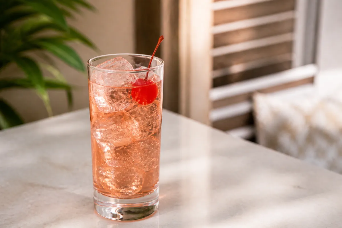 Shirley Temple in a highball over ice, pink-amber ginger ale, cherry garnish.