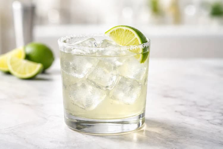 A Skinny Margarita in a rocks glass with a lime wedge and clear ice.