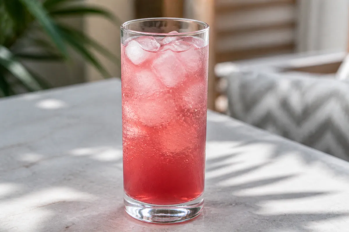 Sloe Gin Fizz served in a Collins glass over ice, pink-red, topped with soda and lemon.