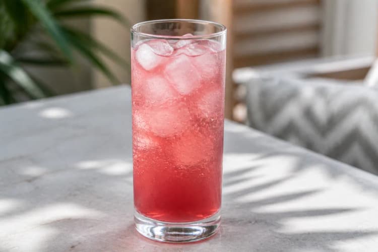 Sloe Gin Fizz served in a Collins glass over ice, pink-red, topped with soda and lemon.