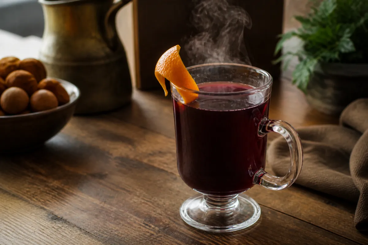 Smoking Bishop in a mug, deep ruby, orange peel, light steam.