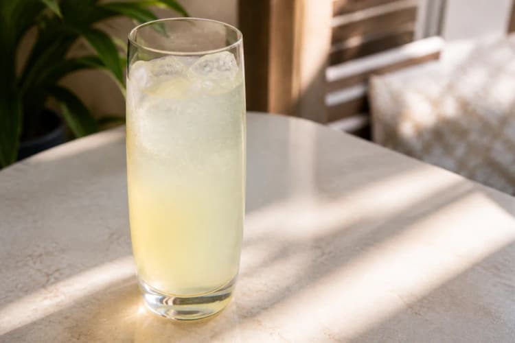 Snowball in a highball over ice, pale yellow, ungarnished.